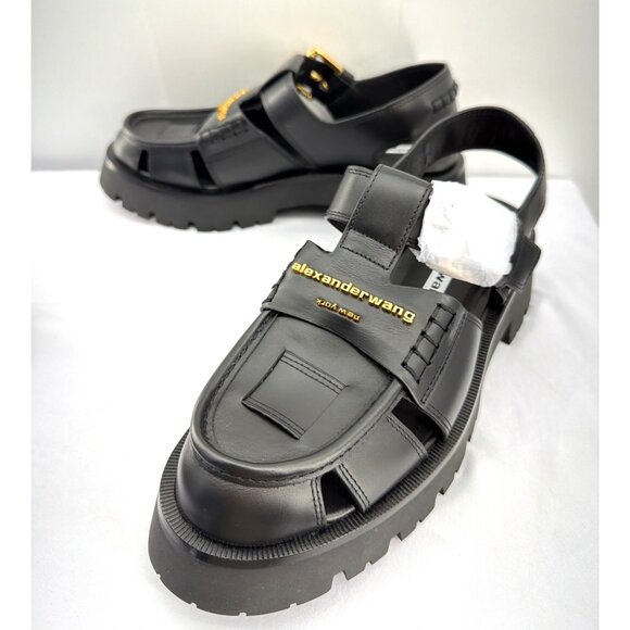 Alexander Wang Carter Cage Sandals Logo Black Leather Chunky Heel Women Size 38 - Picture 6 of 14